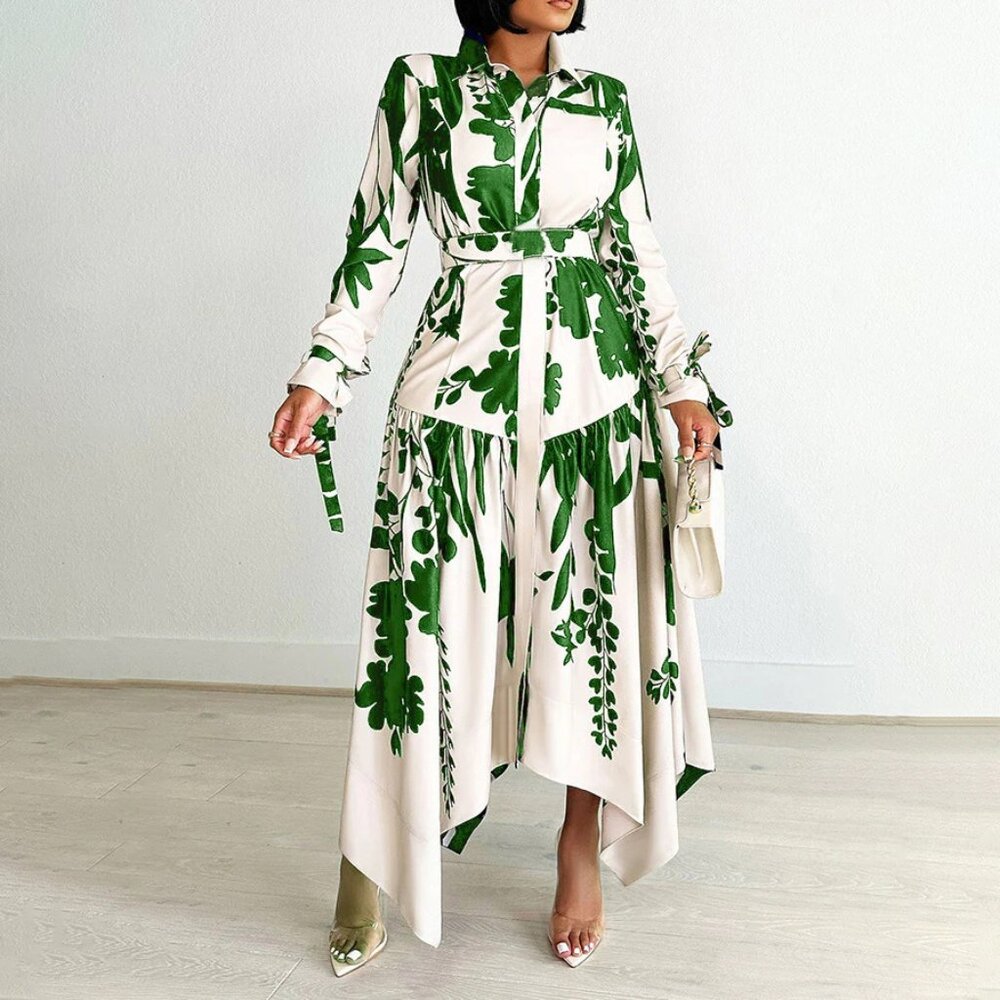 Summer fashion temperament printed lapel long sleeve irregular dress